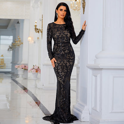 2025 high-end long-sleeved temperament round neck sexy long sequined banquet evening dress bridesmaid dress women