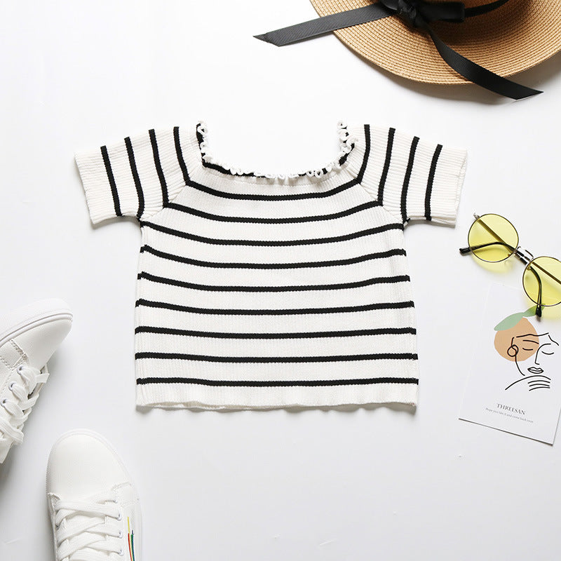 LOVEVOP New Popular trade summer new 2025 one-word shoulder striped navel top short-sleeved fungus edge short t-shirt