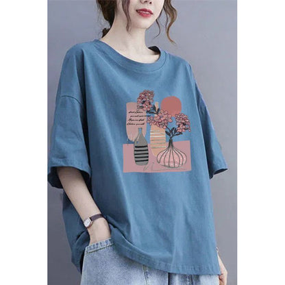 100Kg large size fat MM thin summer loose round neck T-shirt versatile short-sleeved top printed casual T-shirt women