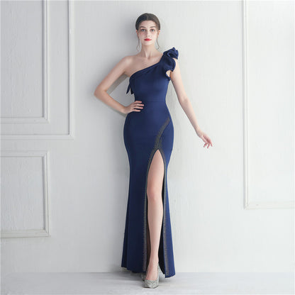19721 #Cross-border spot single shoulder diagonal collar ruffle edge decoration bridesmaid car model long evening dress