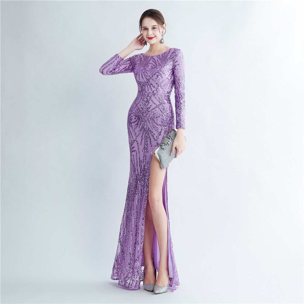 19966 #Hot trade 2025 new sequined long-sleeved split high-end evening dress