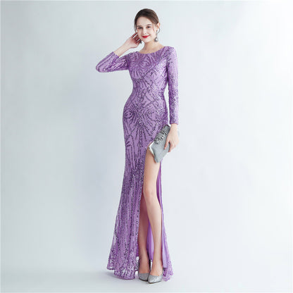 19966 #Hot trade 2025 new sequined long-sleeved split high-end evening dress