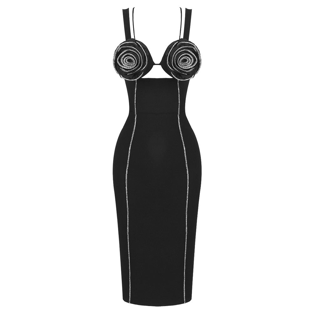 LOVEVOP  women's clothing new bow suspender  bandage dress Spice girl drill mesh flower dress