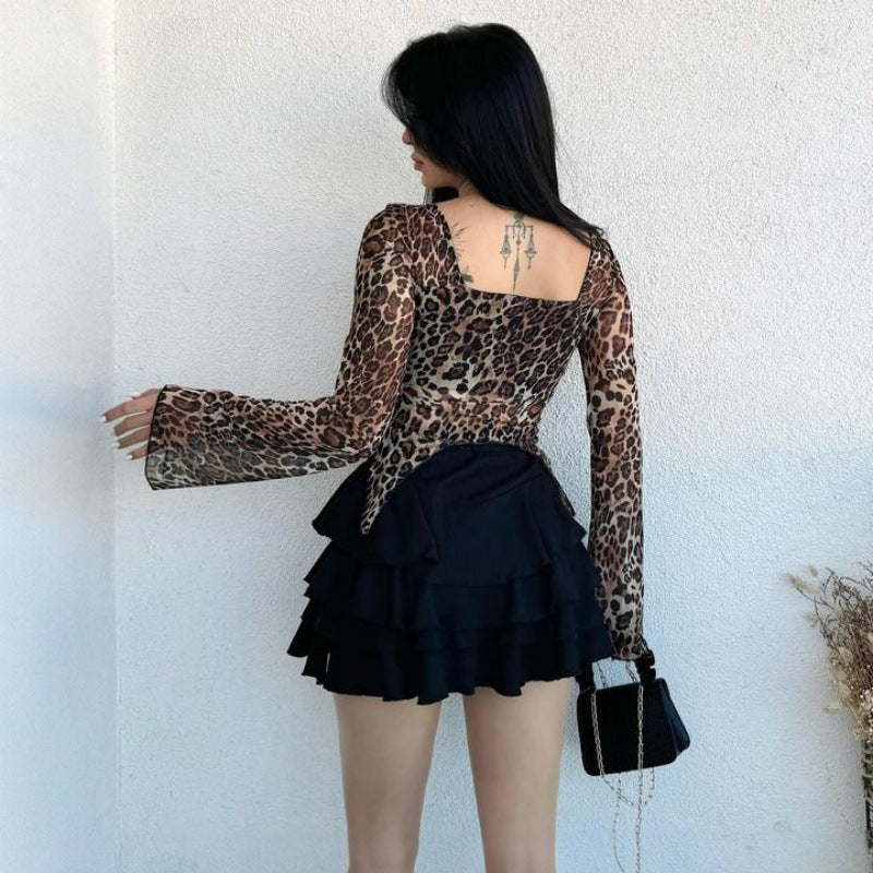 LOVEVOP 2025 cross-border women's clothing Hot autumn and winter new sexy exposed navel mesh yarn strap drawstring short long-sleeved halter top