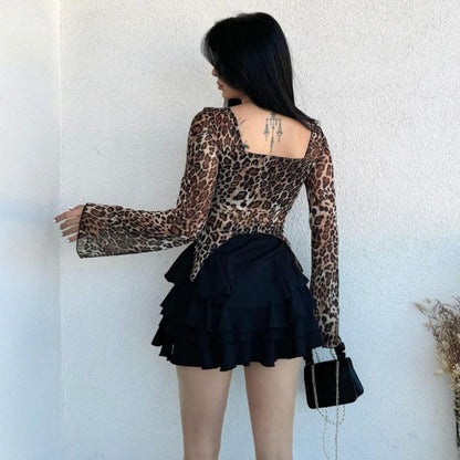 LOVEVOP 2025 cross-border women's clothing Hot autumn and winter new sexy exposed navel mesh yarn strap drawstring short long-sleeved halter top