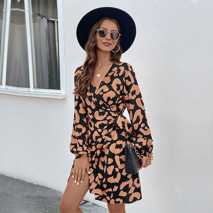 LOVEVOP Cross-border  Europe and the United States new leopard print v-neck long-sleeved long-sleeved dress temperament casual wrap skirt