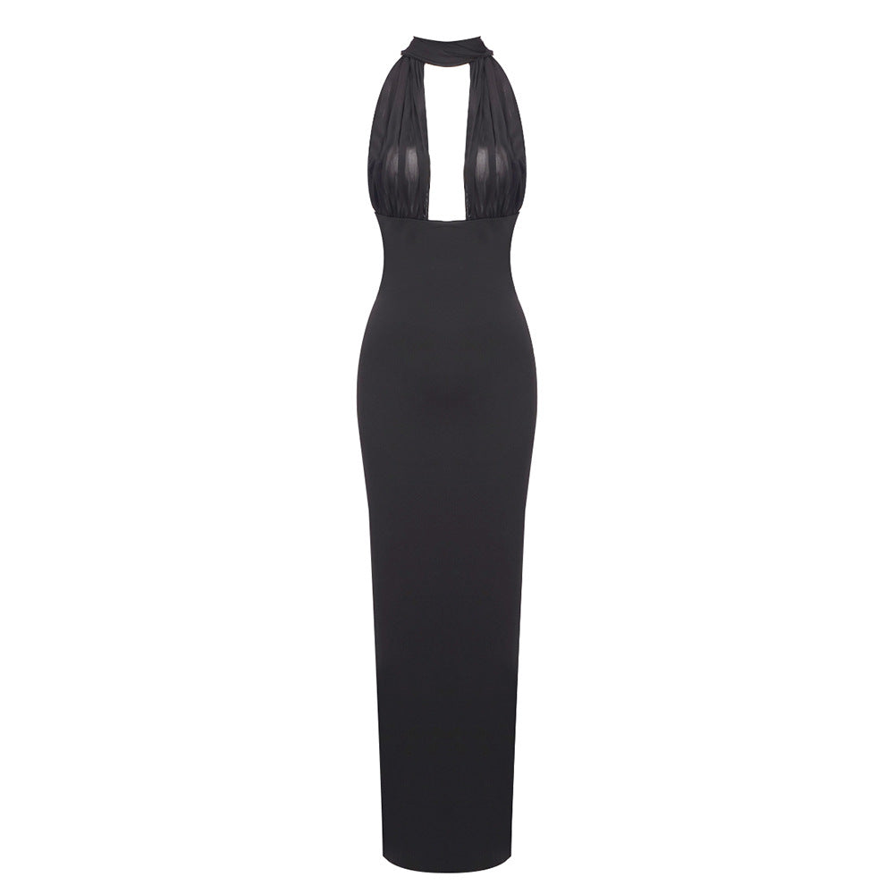 LOVEVOP popular Autumn Elegant Ladies Black White Slim Fit Neck Long Dress One Shoulder Halter Dress Wholesale Dress
