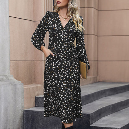 LOVEVOP New Hot Trade Hot Autumn New 2025 Fashion Women's Clothing Cross-border Black Printed Dress