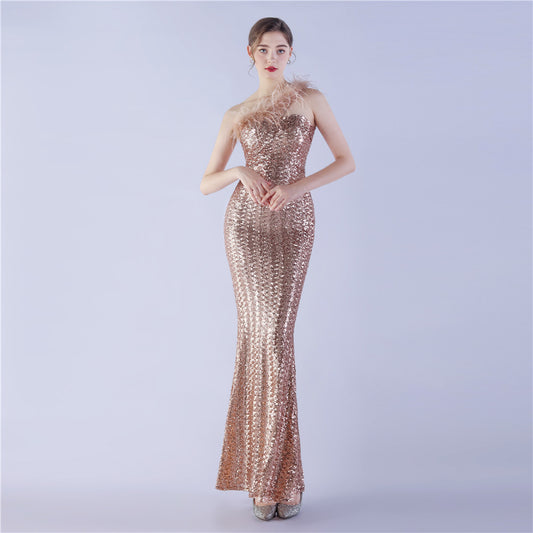 31359 #Popular trade popular craft order ostrich hair single shoulder diagonal collar high-density bead high-end evening dress