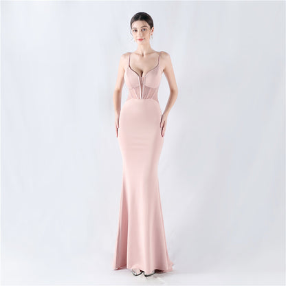 31916 #Hot trade new heavy industry fishbone vest shaping mesh yarn hot diamond sling hip fish tail evening dress