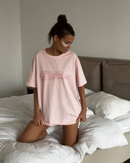 Summer outer wear women's ins style  loose casual trend top design sense bead piece letter short sleeve T-shirt women's clothing