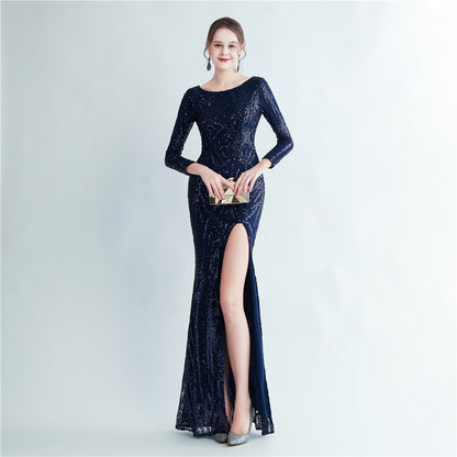 19966 #Hot trade 2025 new sequined long-sleeved split high-end evening dress