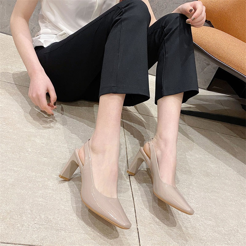 2025 K88-A Korean version commuter patent leather women's shoes  temperament bag head empty high-heeled sandals square head thick-heeled high-heeled shoes