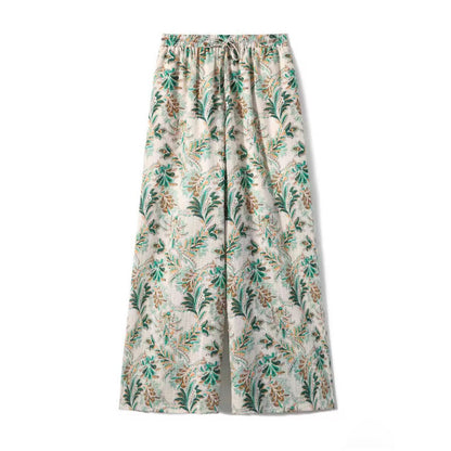 Green literary and retro floral wide-leg pants women's summer  new seaside vacation cotton and linen loose pants