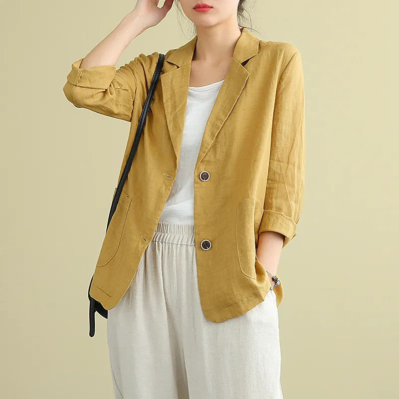 Cotton and linen jacket small suit  spring and autumn new loose literary and retro long-sleeved casual temperament outer suit women