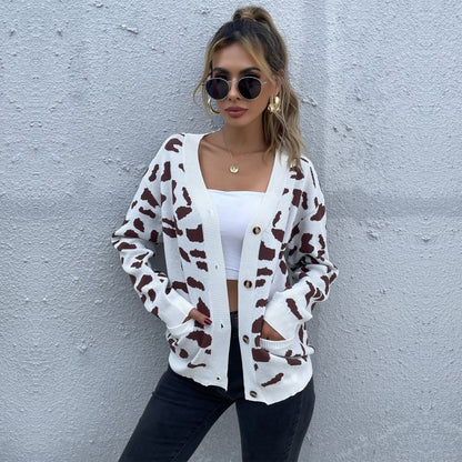 LOVEVOP New Hot Trade Women's Clothing Hot Autumn New 2025 Cardigan Leopard Jacquard Knitted Sweater Jacket