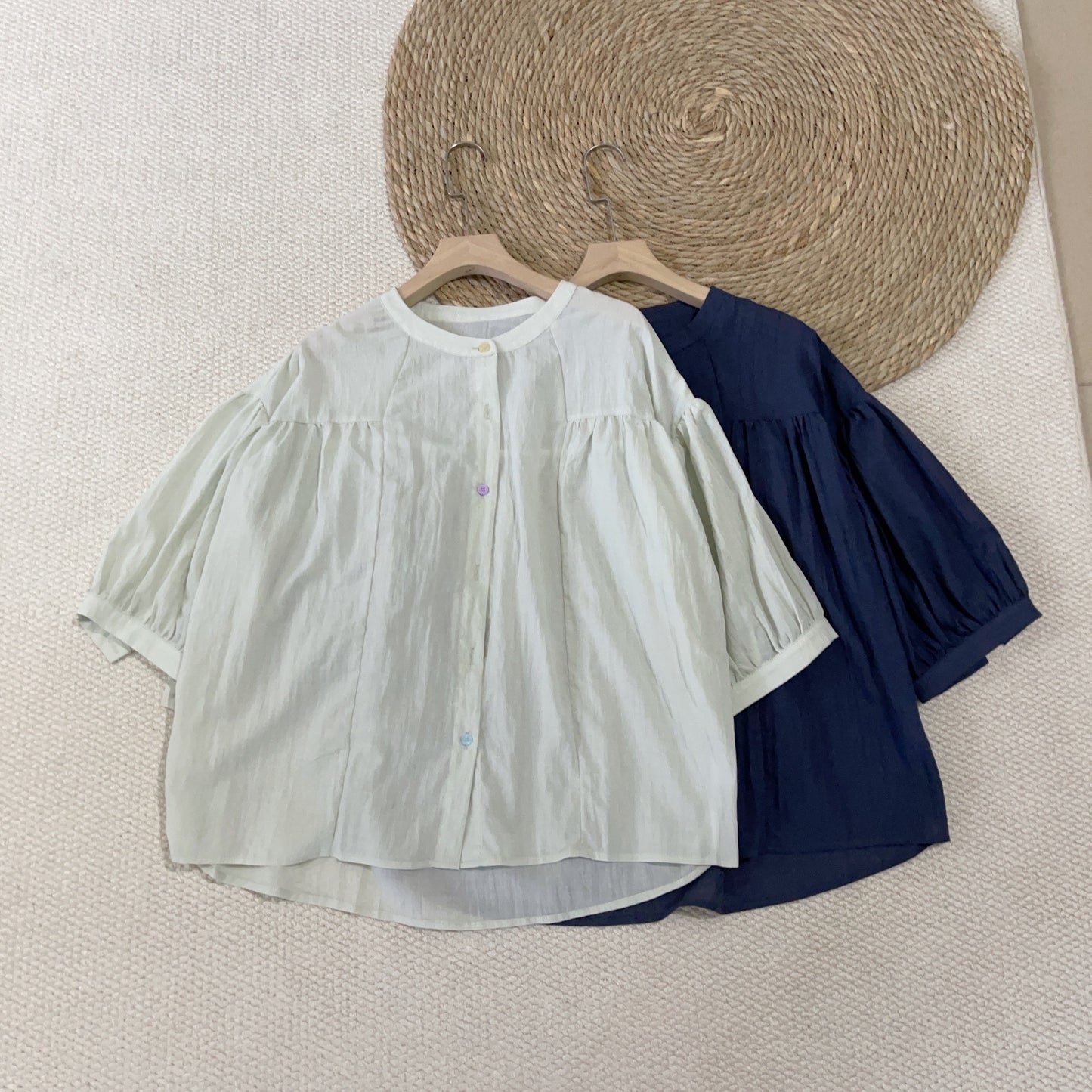 2025 Summer Japanese Literature and Art Mori Small Stand-Up Collar Middle Sleeve Color Button Doll Shirt Small Shirt