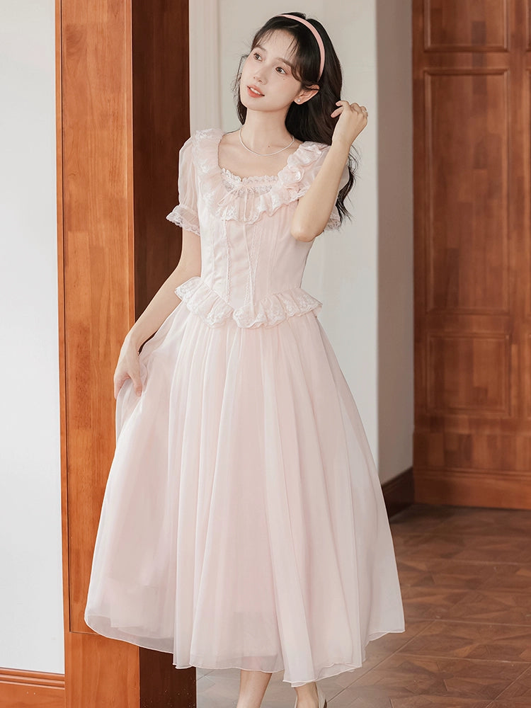 dress heavy industry lace on the run princess long dress tea gas small skirt women's summer lolita small dress