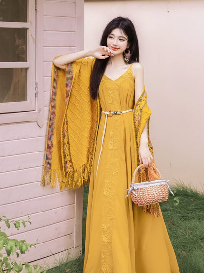 Summer is very beautiful, southern  seaside vacation dress, suspender long dress with shawl suit skirt, yellow grassland dress.