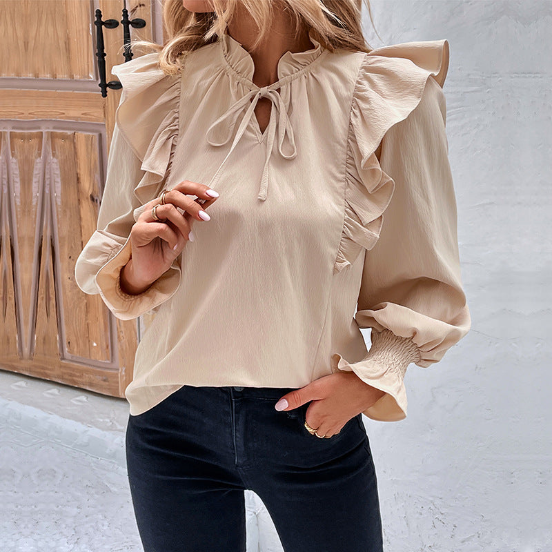 LOVEVOP New Cross-border 2025 Women's Clothing Hot Spring and Summer New Product Lotus Leaf Edge Long Sleeve Design Shirt Women