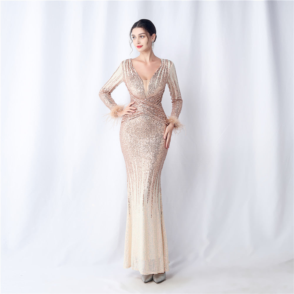 31571 #Popular trade new popular craft order ostrich hair gradual change beads long sleeve evening dress