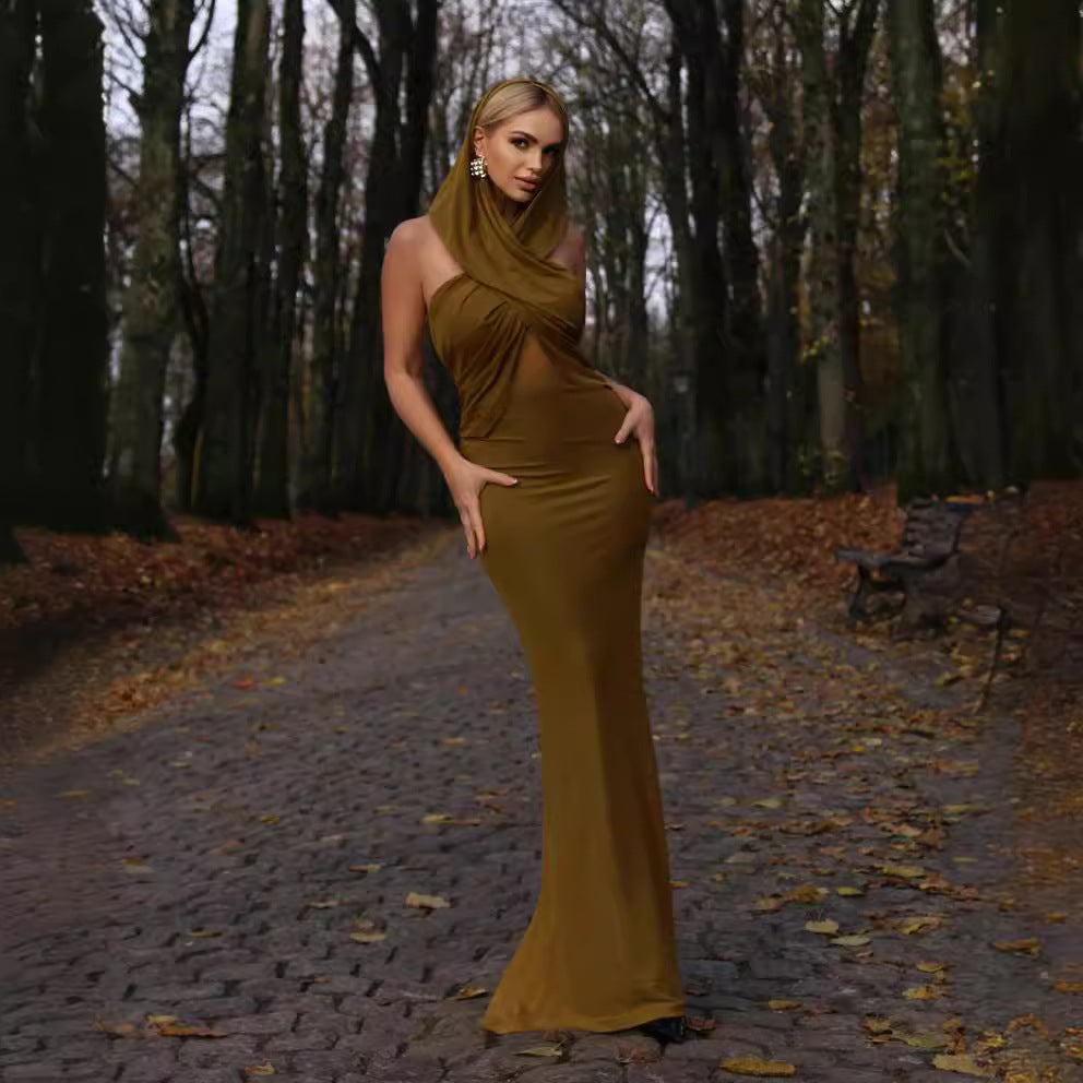 LOVEVOP Summer turmeric sleeveless cross-hooded mesh dress  women's clothing New new sexy backless long dress