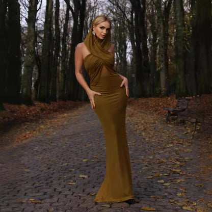 LOVEVOP Summer turmeric sleeveless cross-hooded mesh dress  women's clothing New new sexy backless long dress