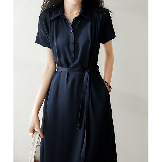 2025 Glossy, heavy silk dress, summer Hangzhou women's clothing medium and long, mulberry silk tooling shirt and skirt