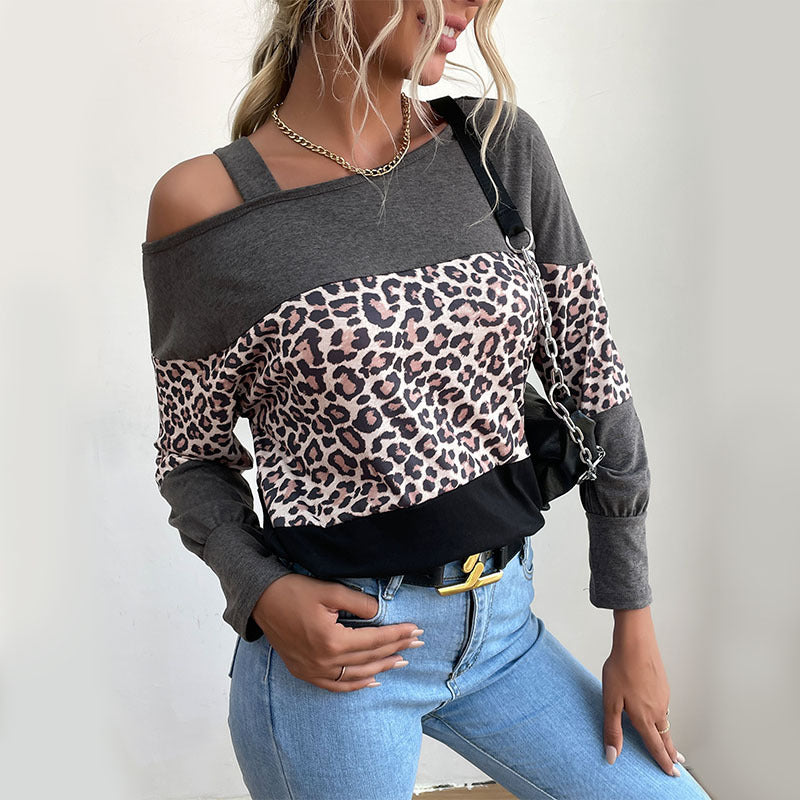 LOVEVOP popular autumn and winter new New bottoming shirt Middle East one-word collar hollow off-the-shoulder loose leopard print women's splicing top