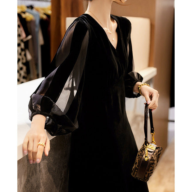2025 Mulberry silk, velvet small black dress, silk velvet high-end dress  spring and summer new Hepburn style women's clothing