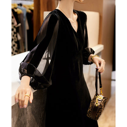 2025 Mulberry silk, velvet small black dress, silk velvet high-end dress  spring and summer new Hepburn style women's clothing
