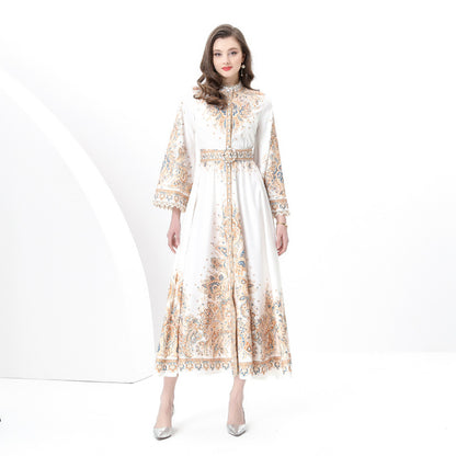 Spring and autumn new court style retro printing long-sleeved waist pendulum long dress fashionable single-breasted stand-up collar dress