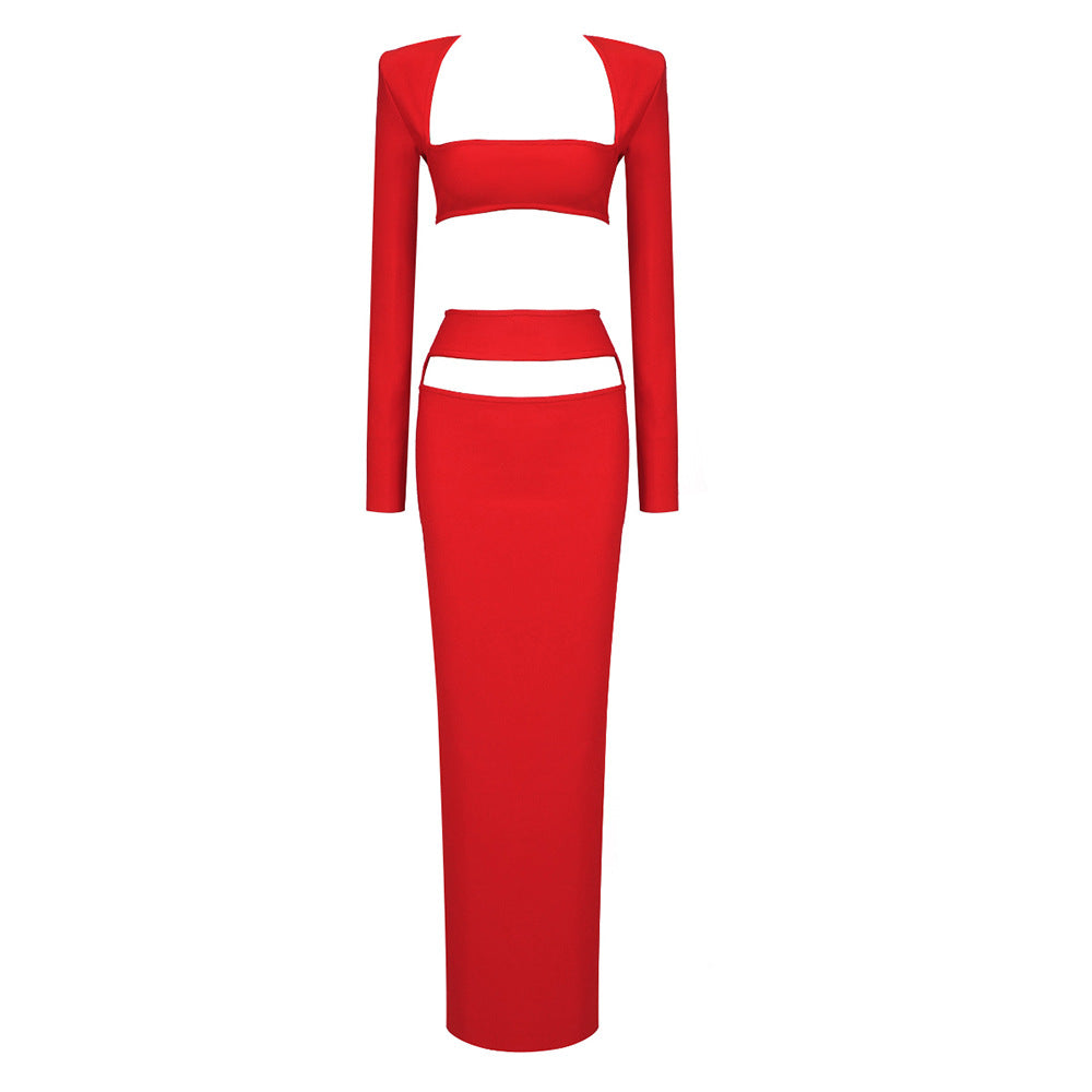LOVEVOP Premium suit New two-piece set, black red long-sleeved top, elastic bandage long dress,  women's clothing, autumn and winter