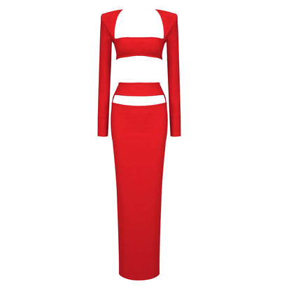 LOVEVOP Premium suit New two-piece set, black red long-sleeved top, elastic bandage long dress,  women's clothing, autumn and winter