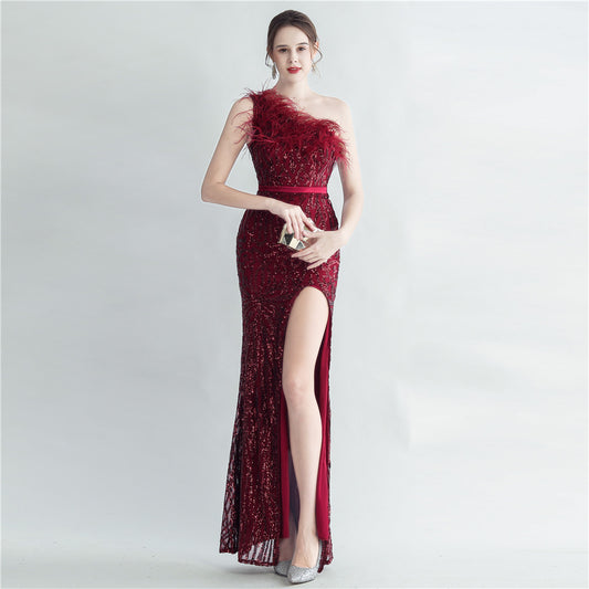 31185 #Cross-border heavy industry ostrich hair craft bundle slant shoulder side split high-end evening dress