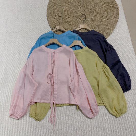 Wear on both sides~ 100% ramie lace-up sunscreen shirt women's summer loose and thin long-sleeved crew neck shirt