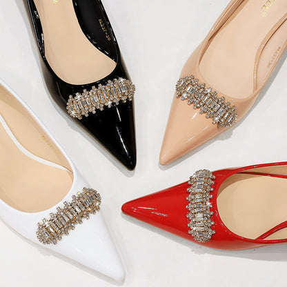 2025 237-K31  style banquet women's shoes thin heel medium heel patent leather shallow mouth pointed rhinestone metal decorative single shoes women