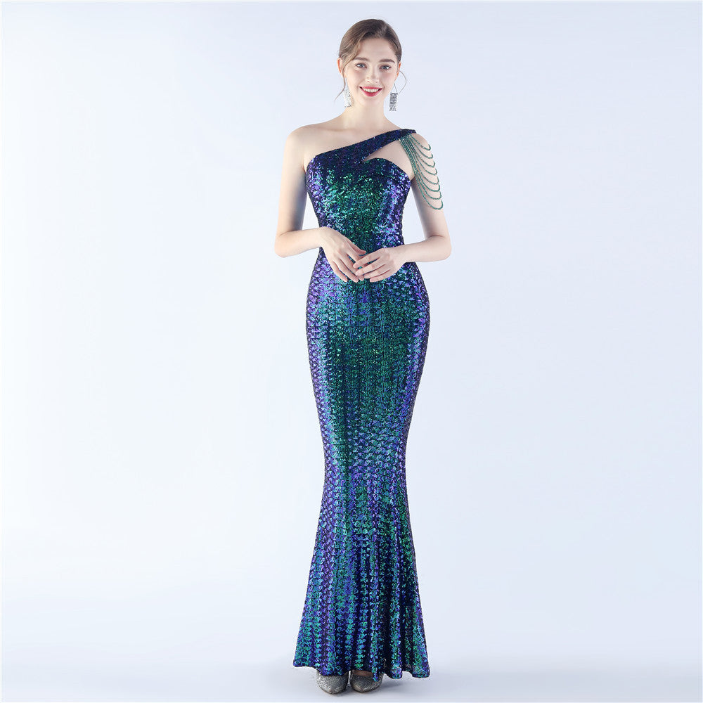 31357 #Hot Trade popular New Symphony Bead Craft Bead Shoulder Slant Neck High-end Slim Evening Dress