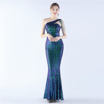 31357 #Hot Trade popular New Symphony Bead Craft Bead Shoulder Slant Neck High-end Slim Evening Dress