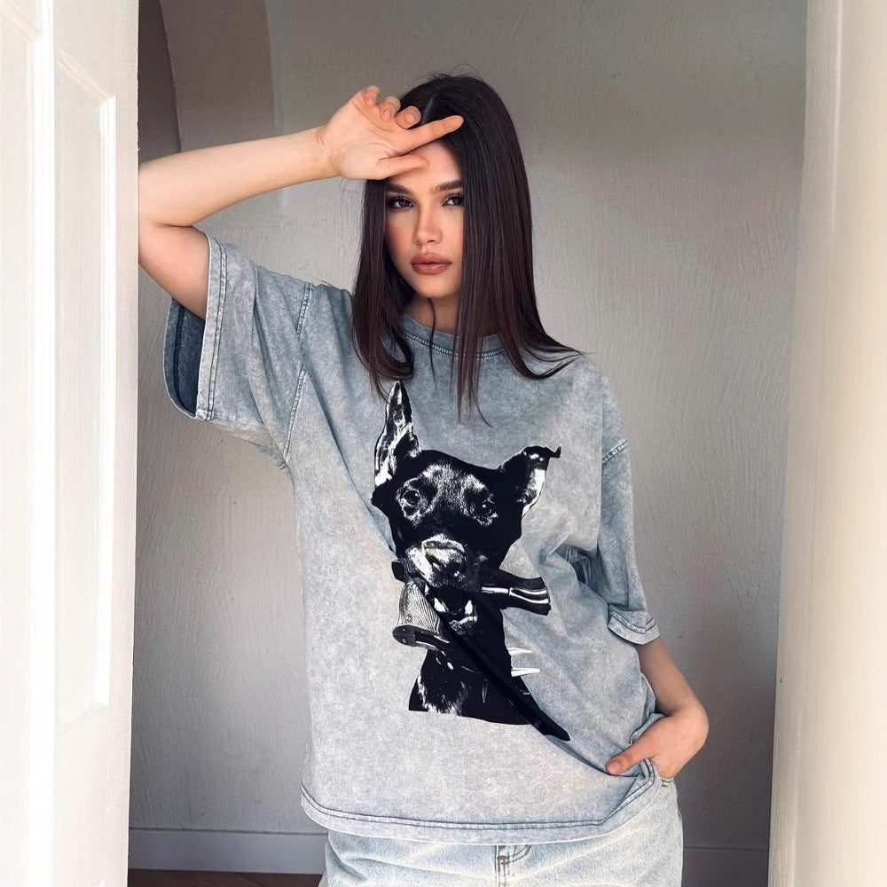 Funny fun puppy print T-shirt women's summer new ins  tops loose and versatile round neck short-sleeved T-shirt