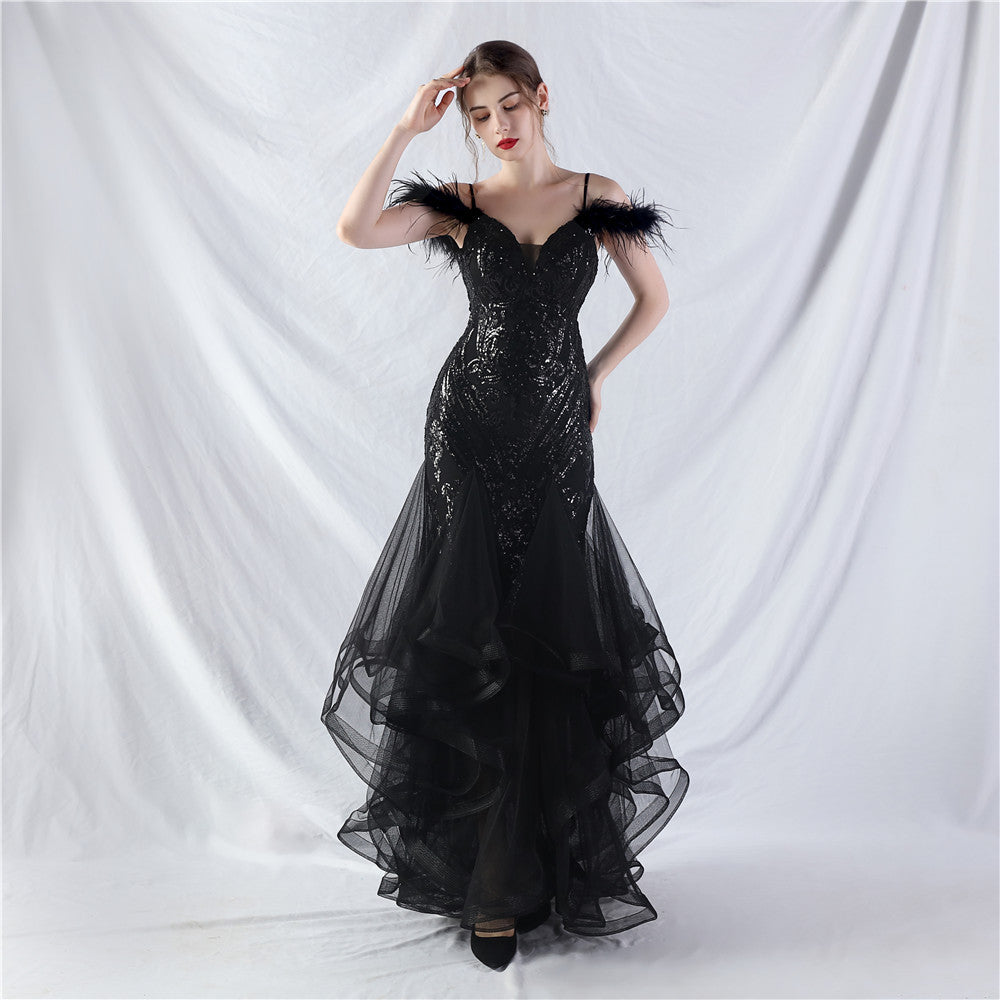31983 #New craft order ostrich hair hard mesh positioning flower beads splicing mesh yarn dance performance dress skirt
