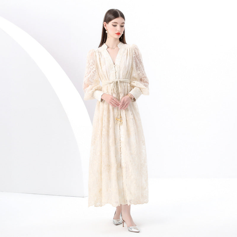 style elegant V-neck single-breasted heavy industry crochet embroidery lantern sleeve lace-up waist pendulum long dress