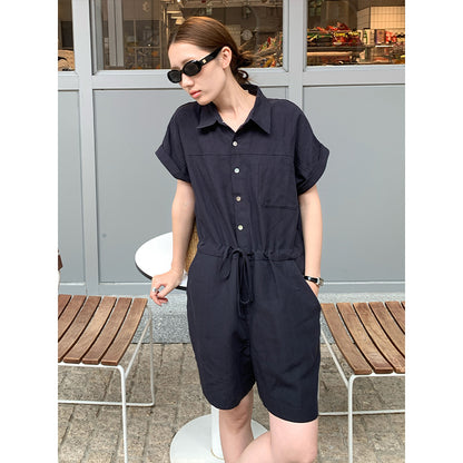 2025 THE MIND linen tencel short-sleeved jumpsuit women's 2025 summer simple wide-leg casual shorts T5022X