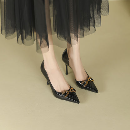 2025 966-8C pointed side empty high heels for women 2025 women's summer new one-word metal buckle stiletto high heels for women