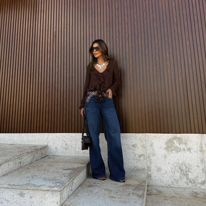 Commuter temperament white chiffon fungus edge hanging bow V-neck lace-up versatile shirt autumn fashion shirt