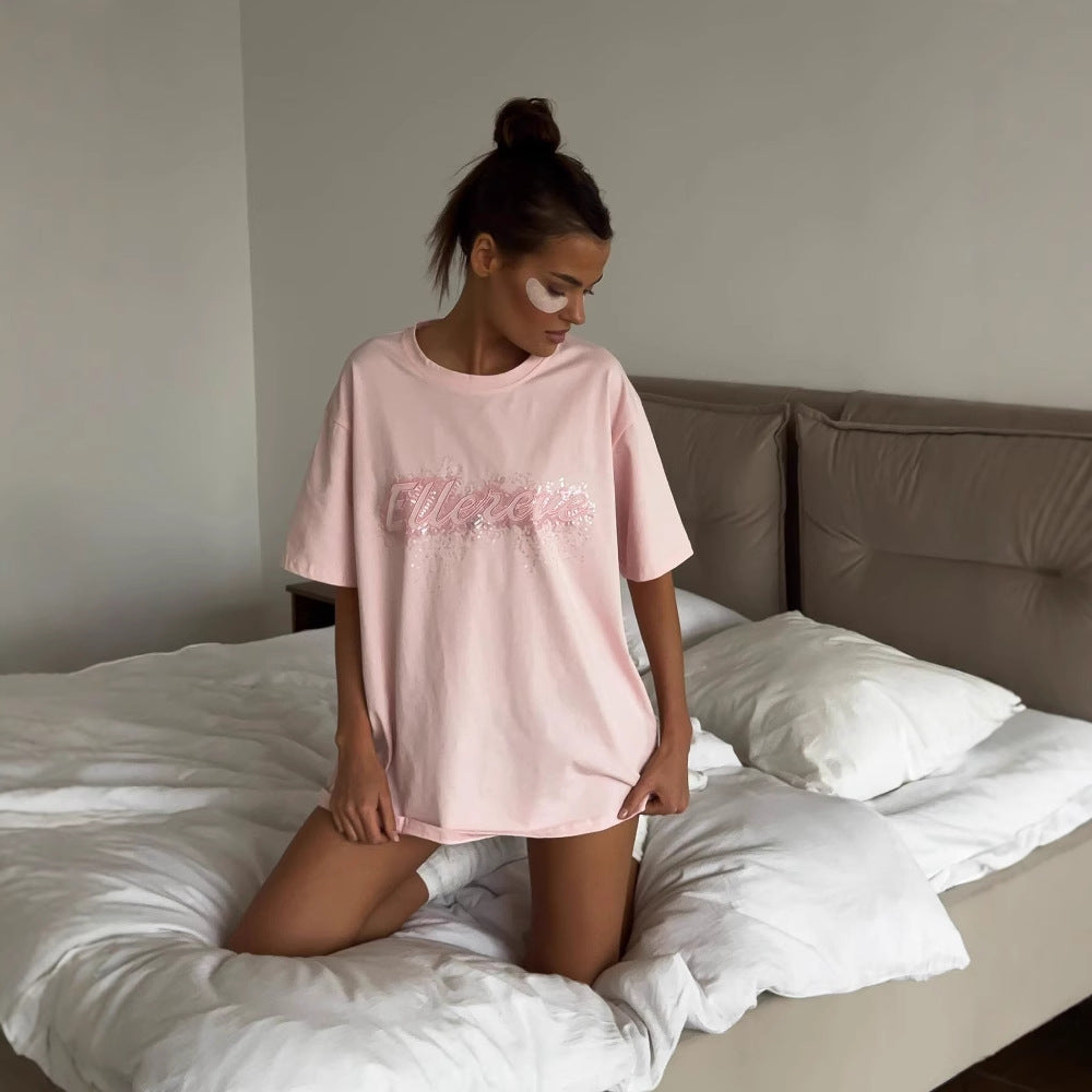 Summer outer wear women's ins style  loose casual trend top design sense bead piece letter short sleeve T-shirt women's clothing