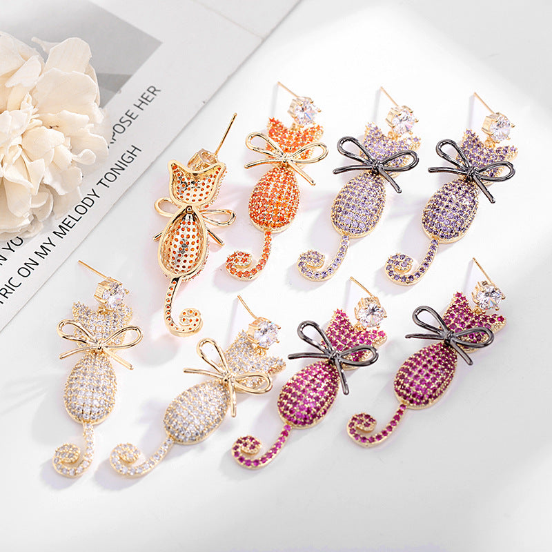 2025 Korean color zircon earrings women's wholesale 925 silver needle personalized animal earrings cute bow cat earrings