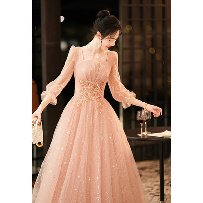 Pink evening dress women's 2025 new banquet temperament socialite  evening dress host dignified atmospheric dress