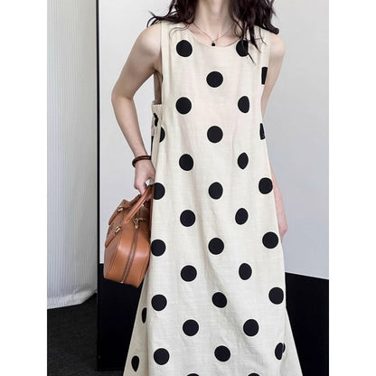 Light-colored sleeves cut, shoulders dug, polka dots cotton and linen vest, dress for women, simple and generous Korean atmosphere, old money style skirt