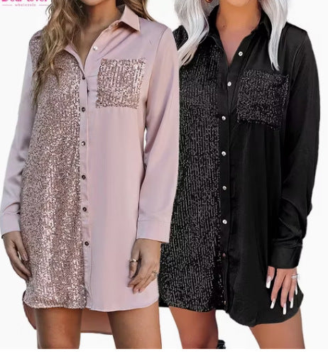 LOVEVOP 2025 New  new  women's clothing, loose long-sleeved shirts, sequined pocket tops,